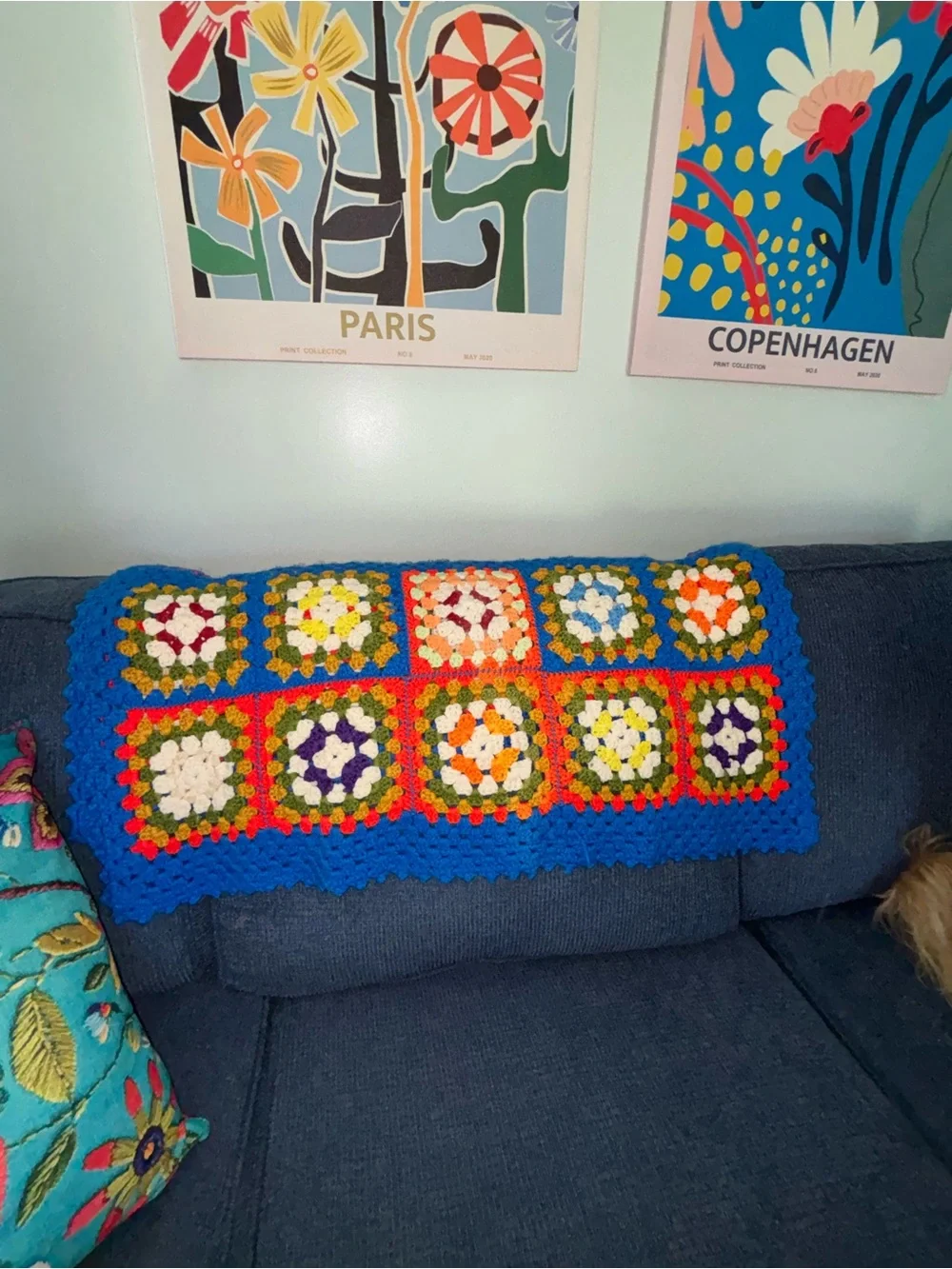 Handmade Blue Multicolor Crochet Granny Square Throw - Unbranded